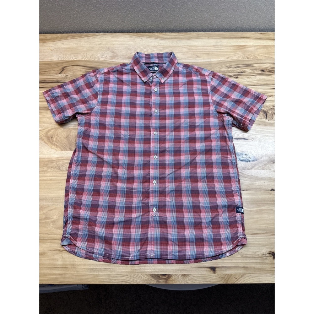 The North Face Men's Red Plaid Button Front Short Sleeve Casual Shirt Size XL